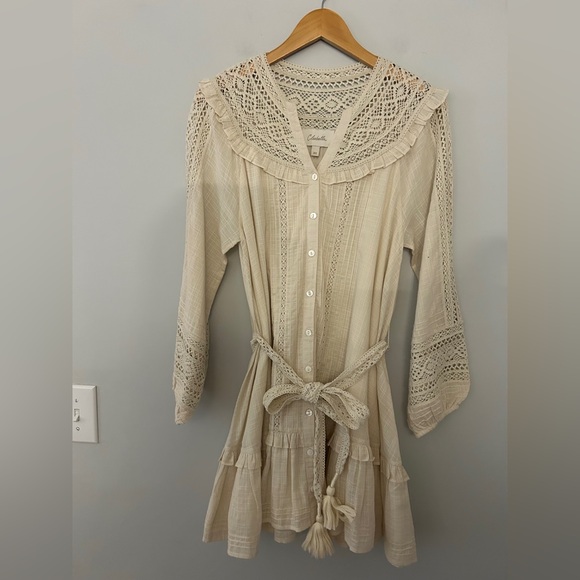 Cleobella Evie Taisha Belted Mini Dress in Cream with Lace Detail - Picture 2 of 6